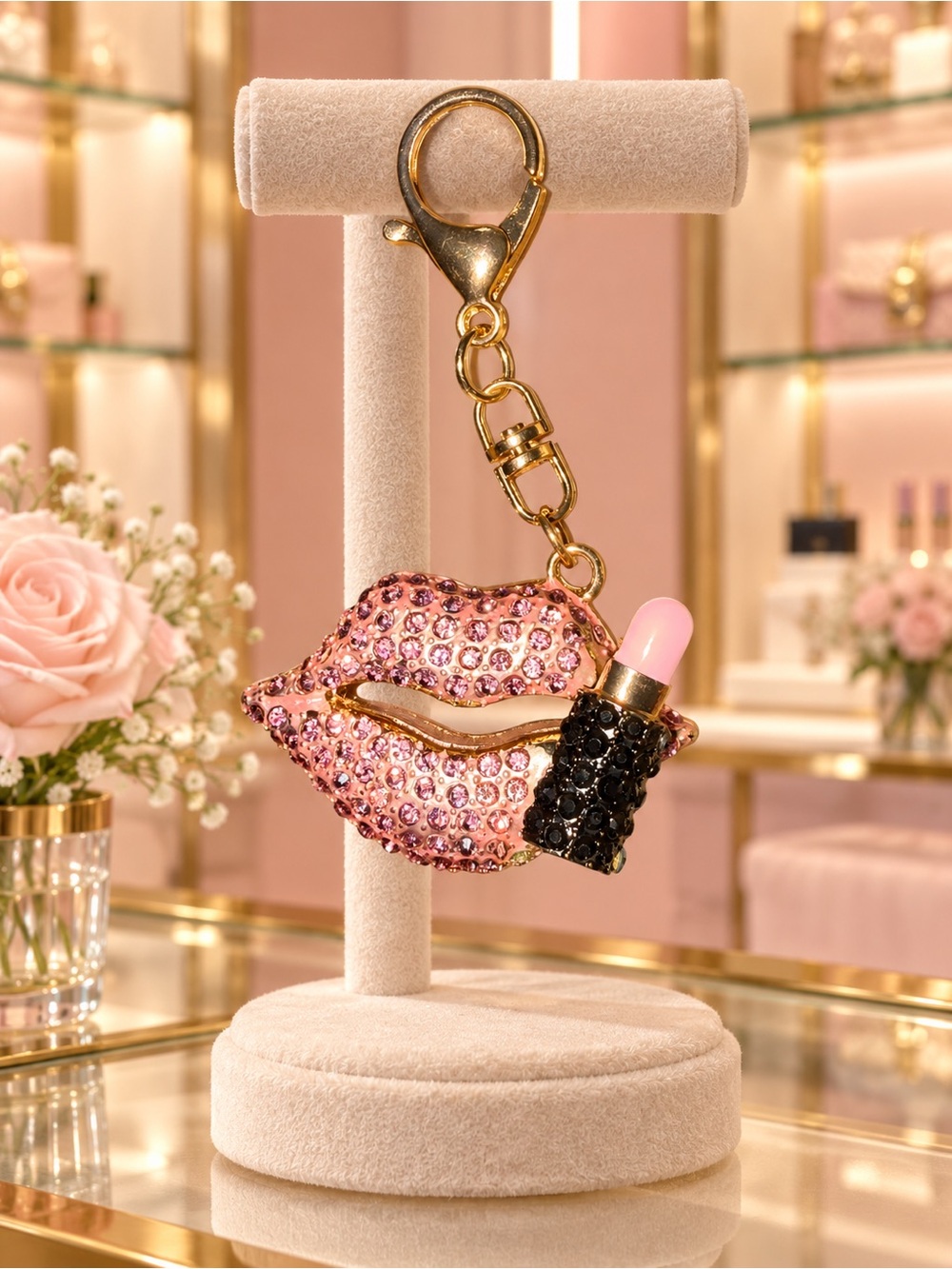 Pink Lipstick Lip Charm Keychain - Crystal Embellished